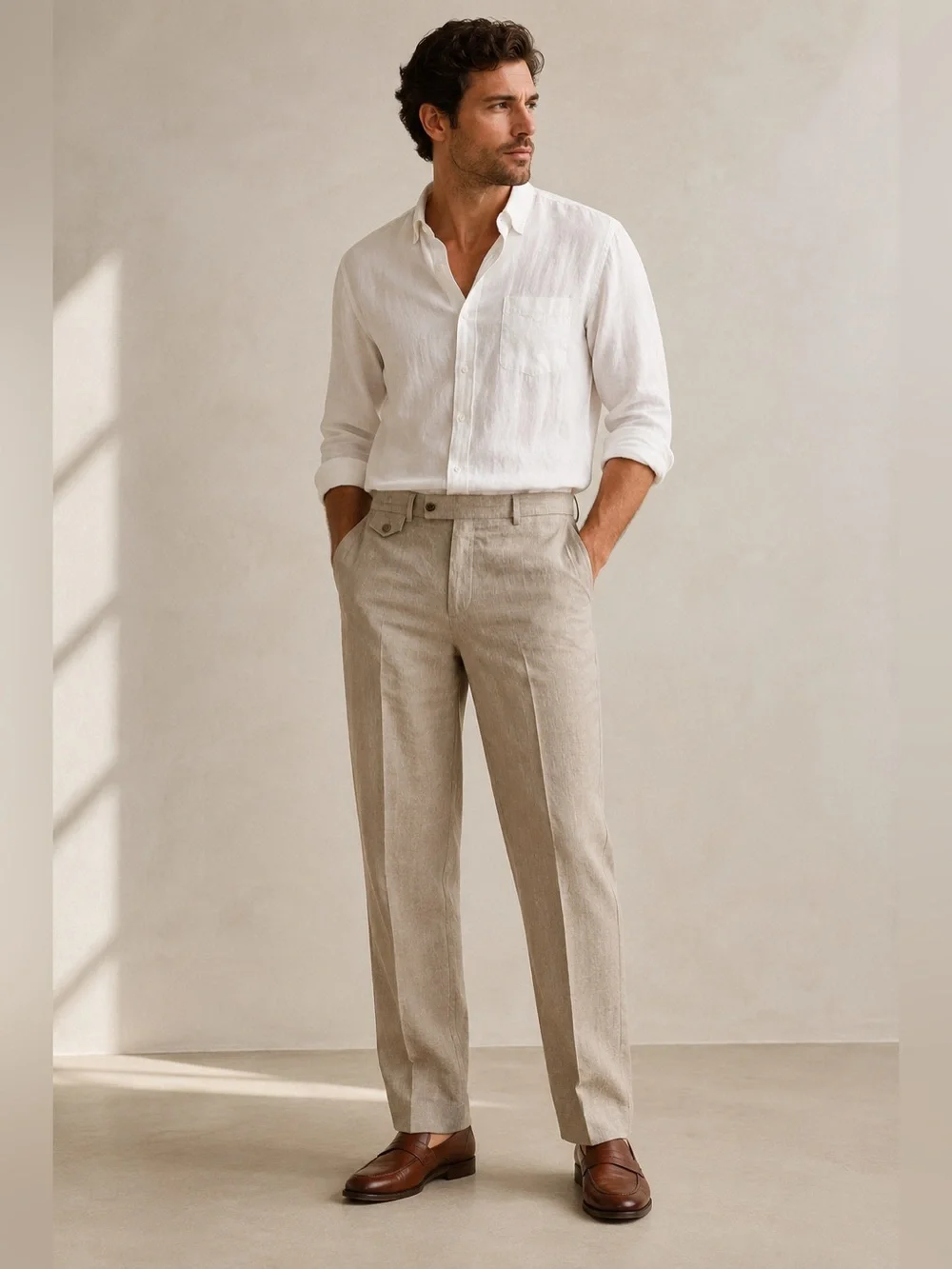 Kenneth Cole Reaction Linen Blend Trousers 34x32 Taupe Flat Front Chinos
